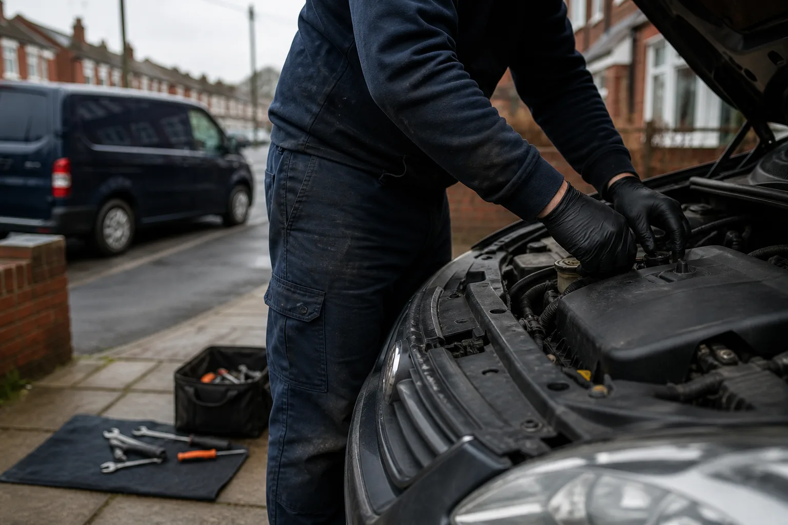 Mobile mechanic working under a bonnet on a Greater Manchester driveway.